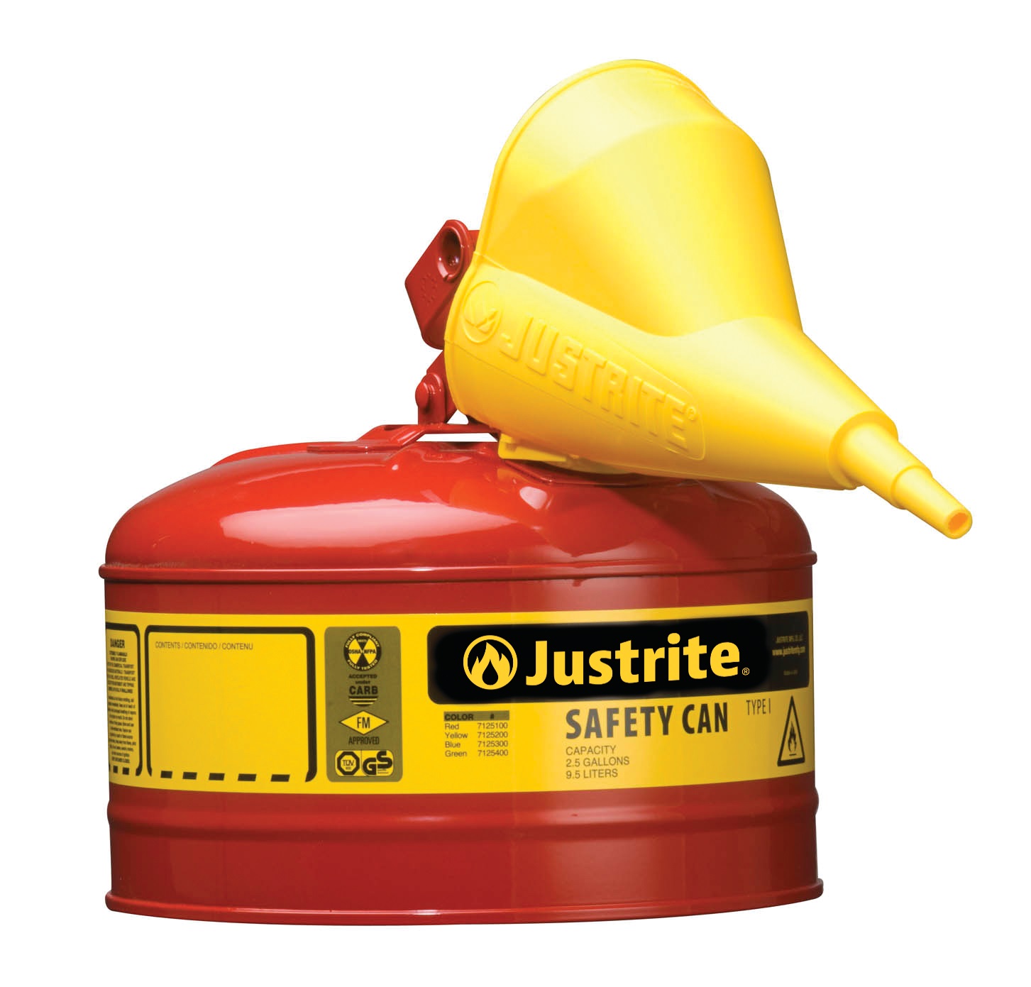 Justrite Swinging Handle Type 1 Safety Cans with Funnel Red - Spill Containment